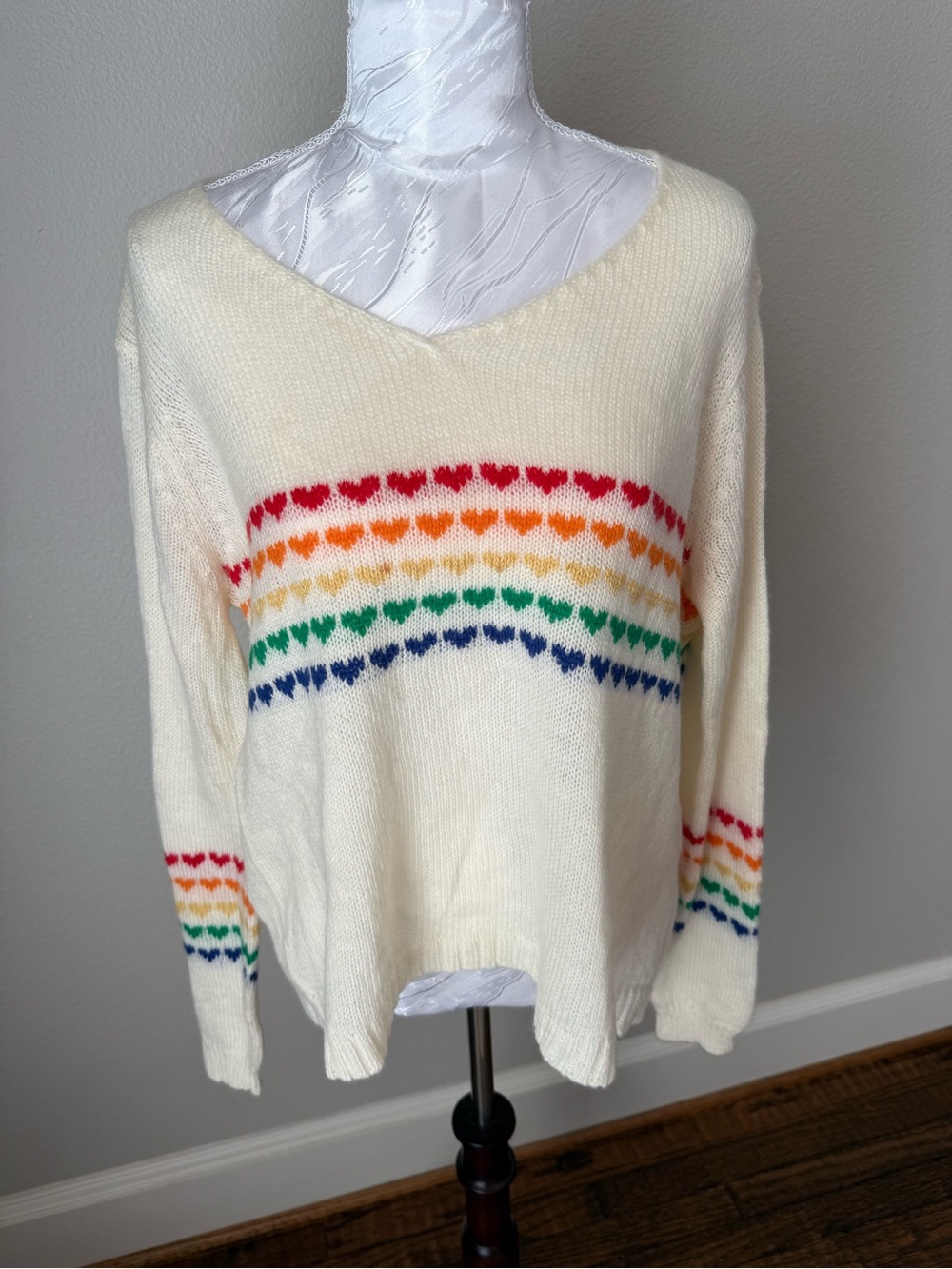 Wooden Ships Cream V-Neck Sweater with Rainbow Heart Stripes